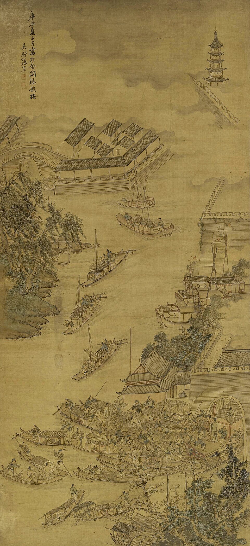 明 张宏 舟泊吴门图轴