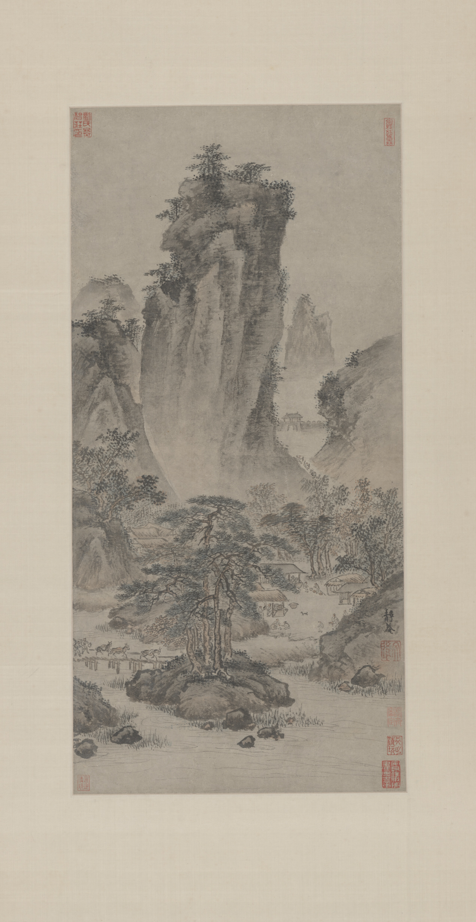 戴进关山行旅图轴