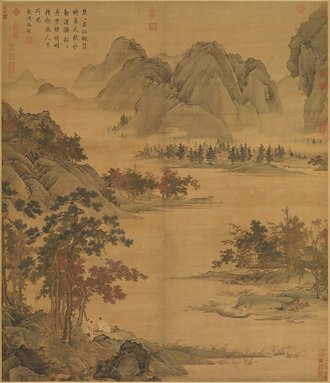明仇英秋江待渡　軸