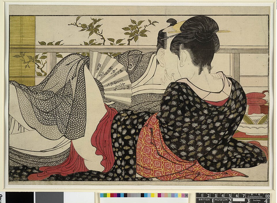 Lovers in an upstairs room, from Uta makura ('Poem of the Pillow'), a colour woodblock print