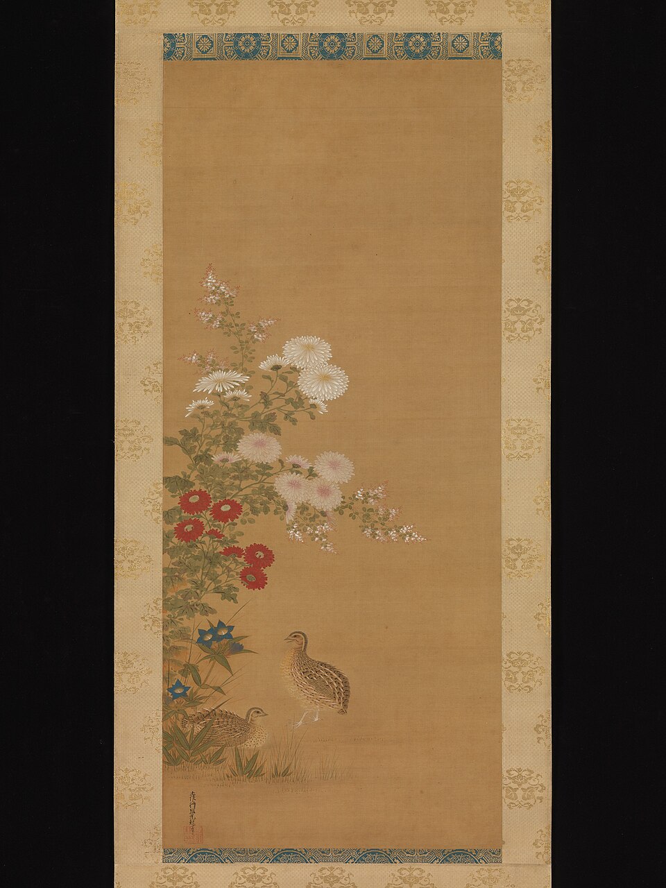 Quail and Autumn Flowers