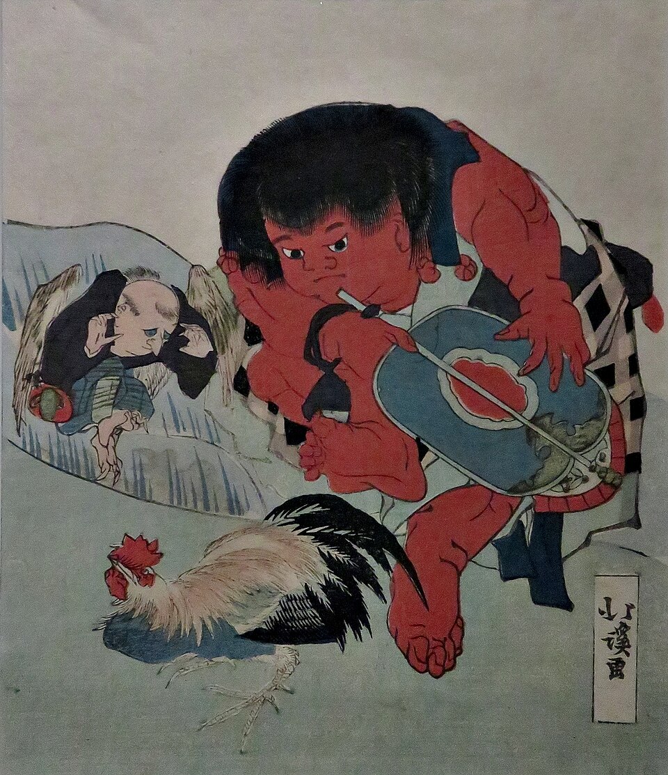 Kintarō arbitrating a fight between a tengu and a cock