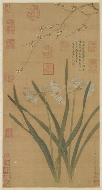 明仇英水仙蠟梅　軸