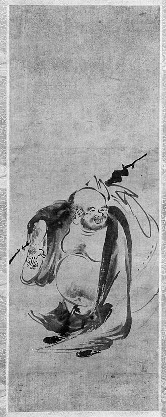 Hotei, flanked by panels of birds