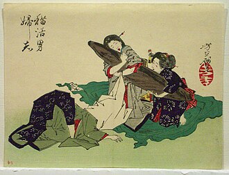 Catching Kittens with Bonito - A Bride Receiving a Gift of Dried Bonito, from the series Yoshitoshi ryakuga (Sketches by Yoshitoshi)