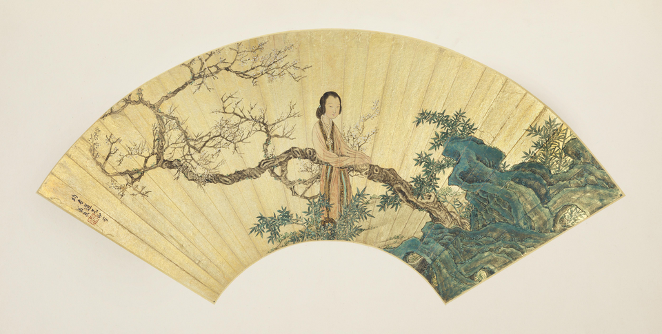 任熊梅花仕女图扇