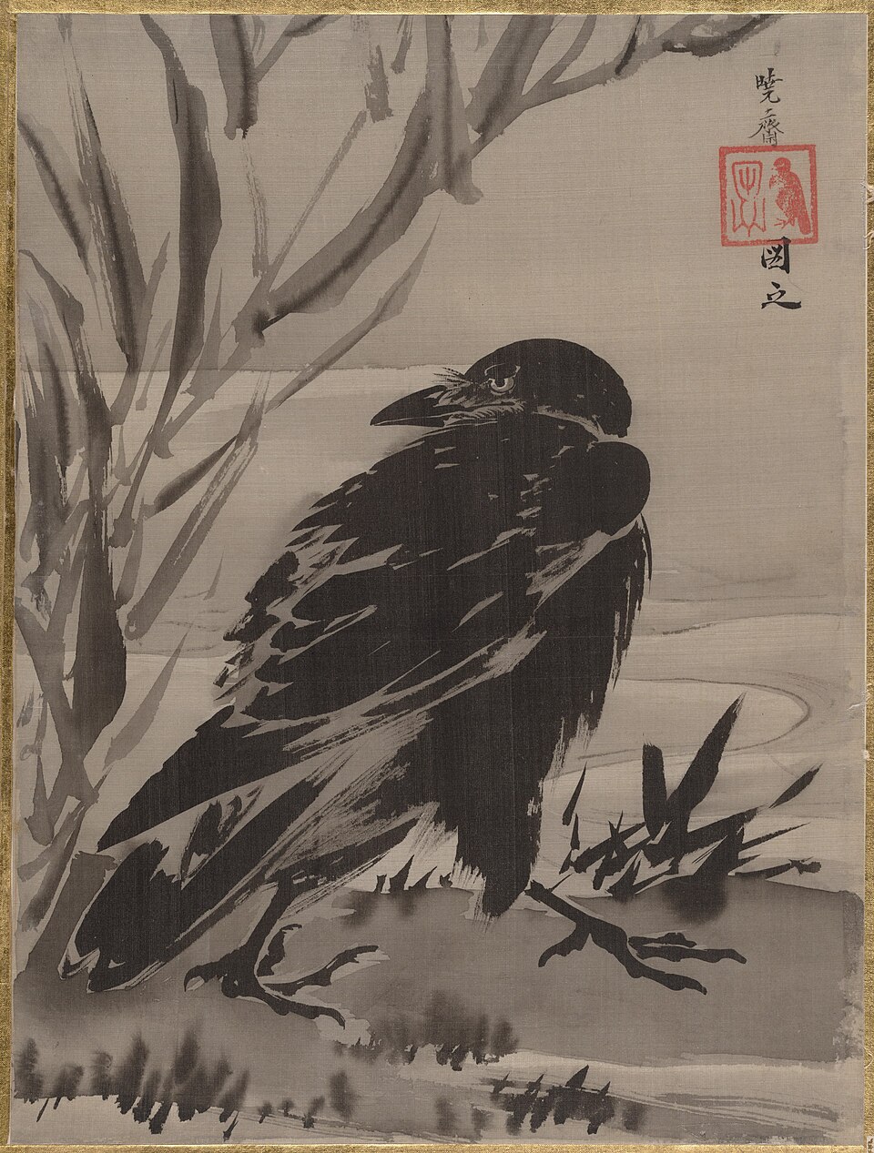 Crow and Reeds by a Stream