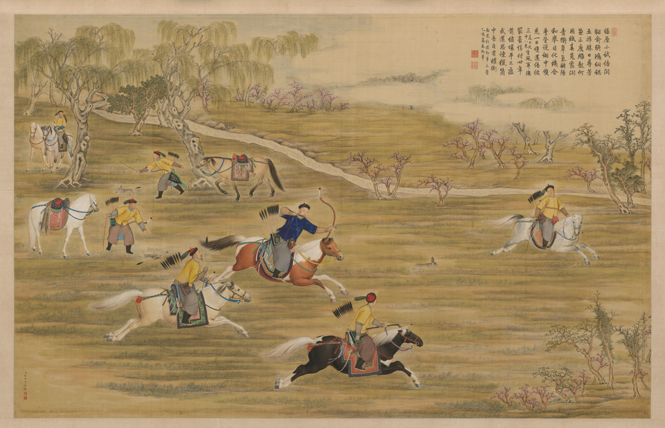 郎世宁等乾隆皇帝射猎图轴