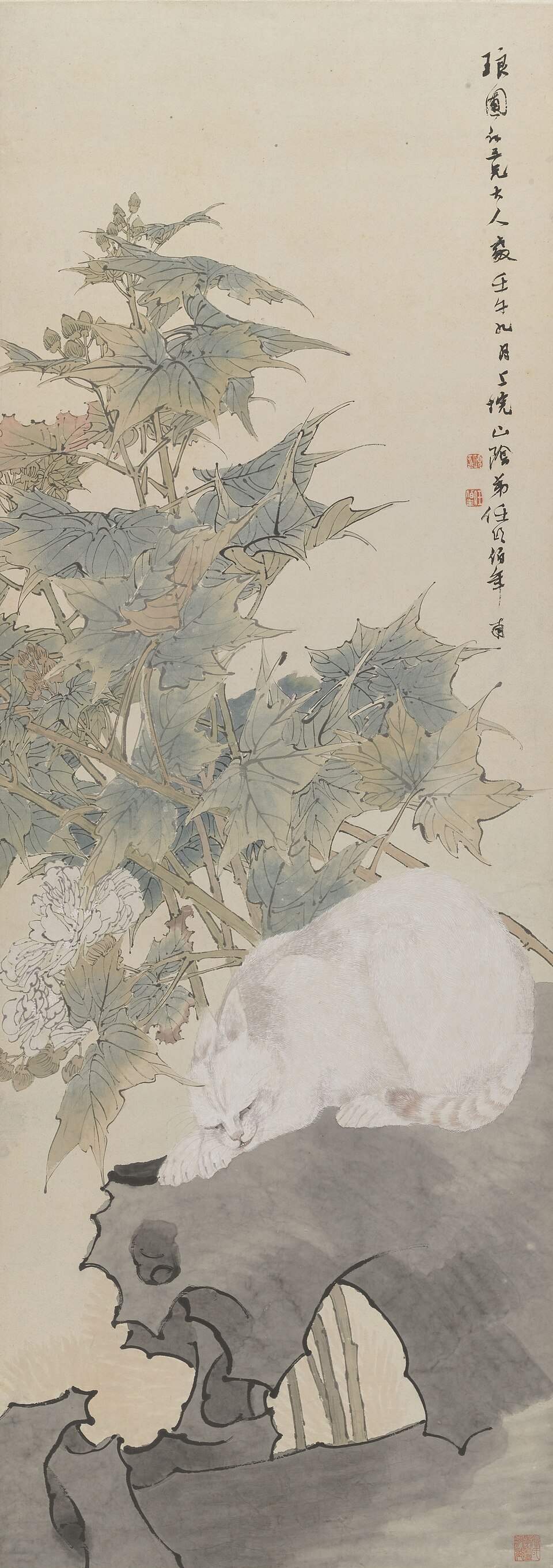 清 任颐 芙蓉白猫图轴