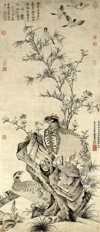 元  王渊  竹石集禽图轴