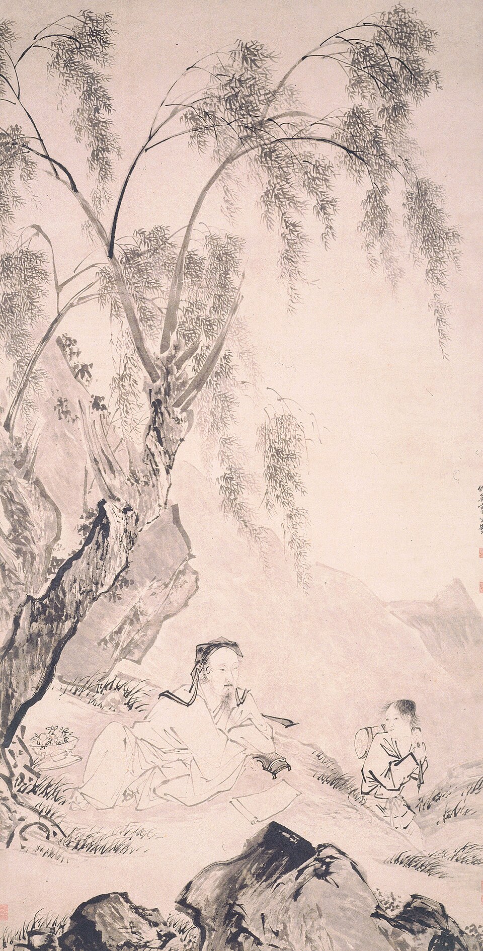 明  仇英  柳下眠琴图轴