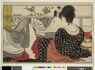 Lovers in an upstairs room, from Uta makura ('Poem of the Pillow'), a colour woodblock print