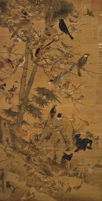 明邊文進三友百禽圖 軸