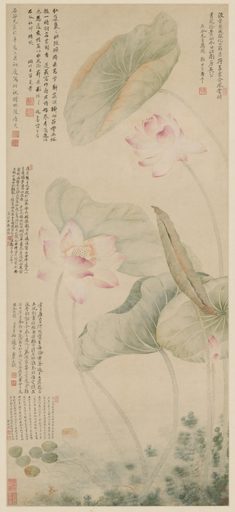唐炗恽寿平红莲绿藻图轴