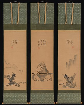 Zen Master with Meditation Staff, and Chinese-Style Landscapes