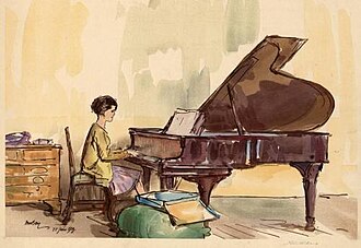 Girl Playing a Piano by Y Urushibara - Urushibara Mokuchu