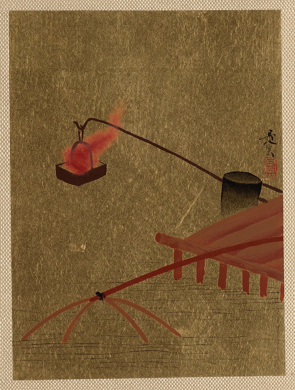 Fire Basket Suspended from Dock over a Fish Net in the Water
