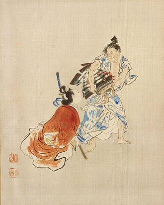 Warrior with Armor Turning to Face a Kneeling Woman Holding His Sword