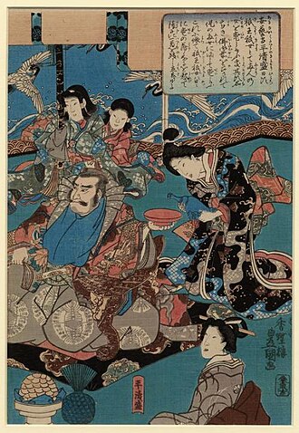 A Seated Warrior Attended By Four Courtesans by Utagawa Kunisada - Utagawa Kunisada
