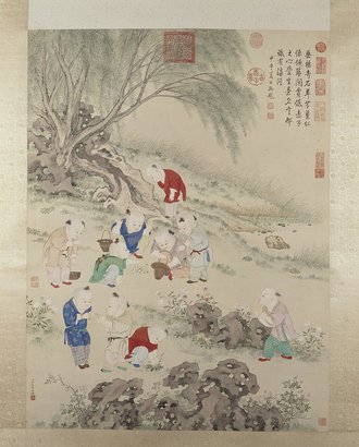 金廷标儿童斗草图轴