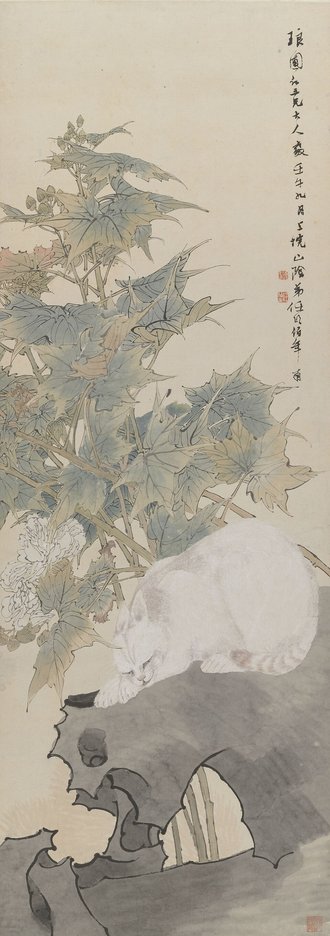 清 任颐 芙蓉白猫图轴