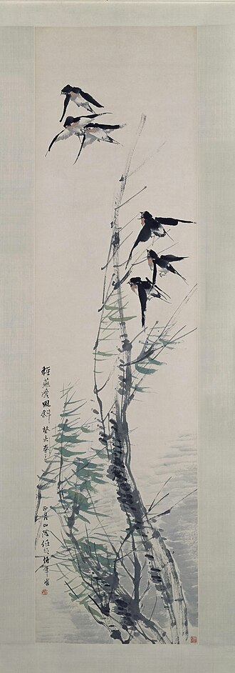 任颐花鸟图屏-风柳群燕图屏