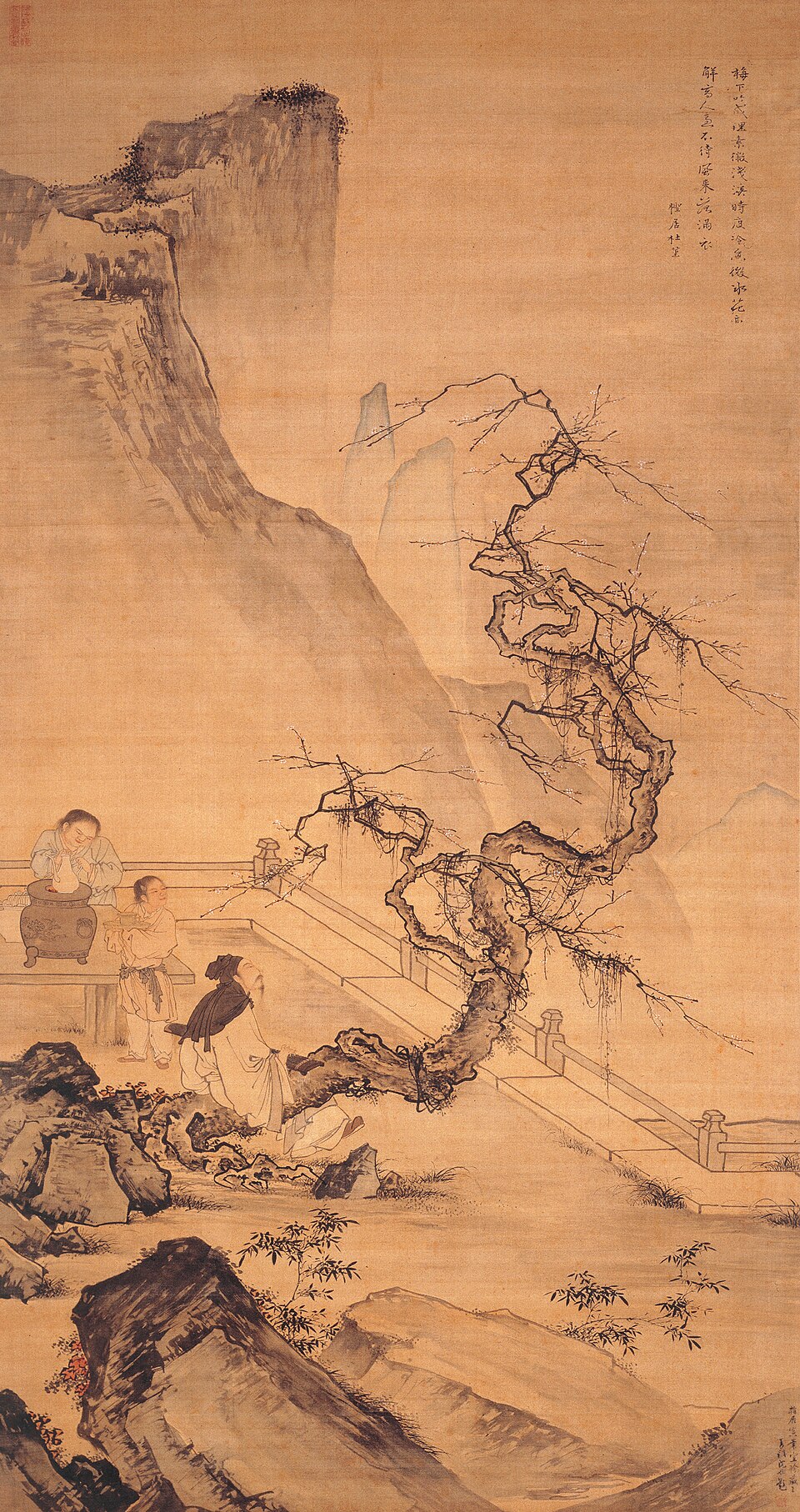 明  杜堇  梅下横琴图轴