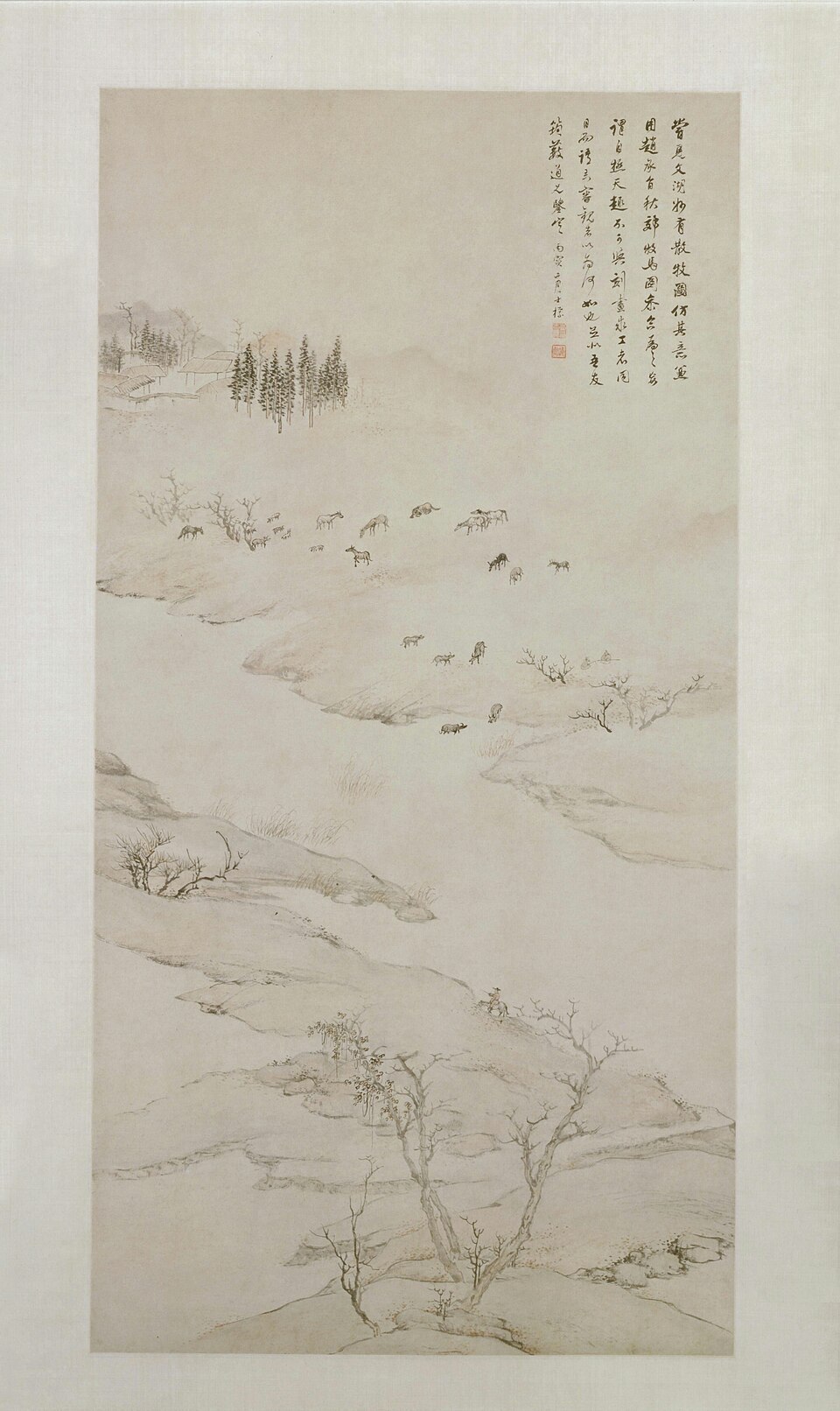 查士标溪山放牧图轴