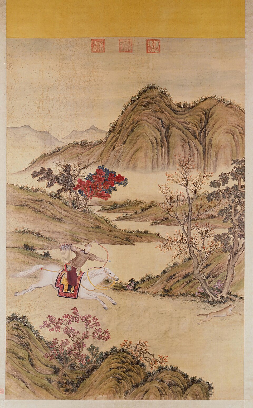 郎世宁等乾隆皇帝射狼图轴