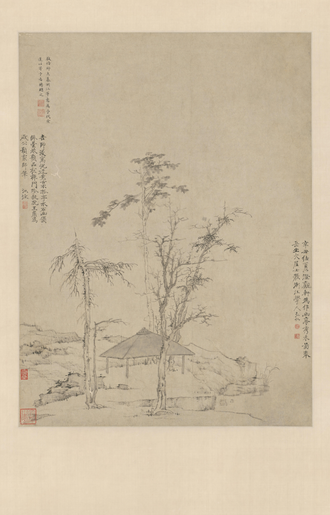 弘仁幽亭秀木图轴