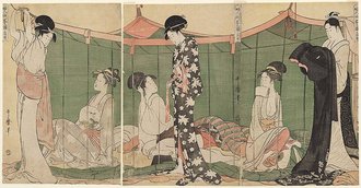 婦人泊り客之図 三枚続
