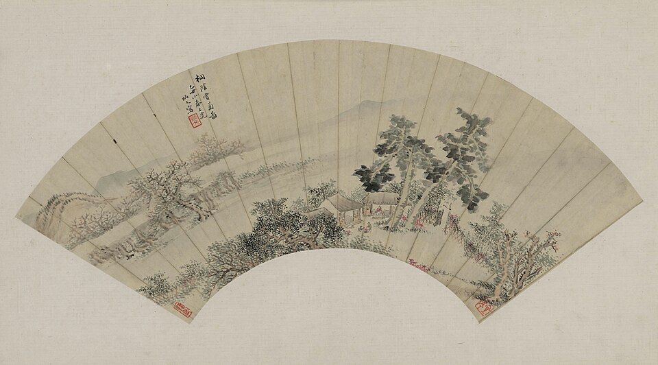 秦炳文桐阴赏菊图扇页