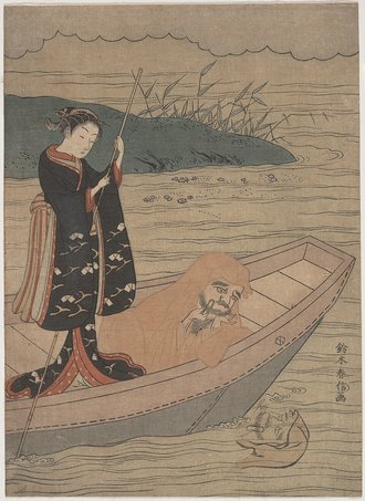 船中髭を抜く朱達磨と船を漕ぐ美人