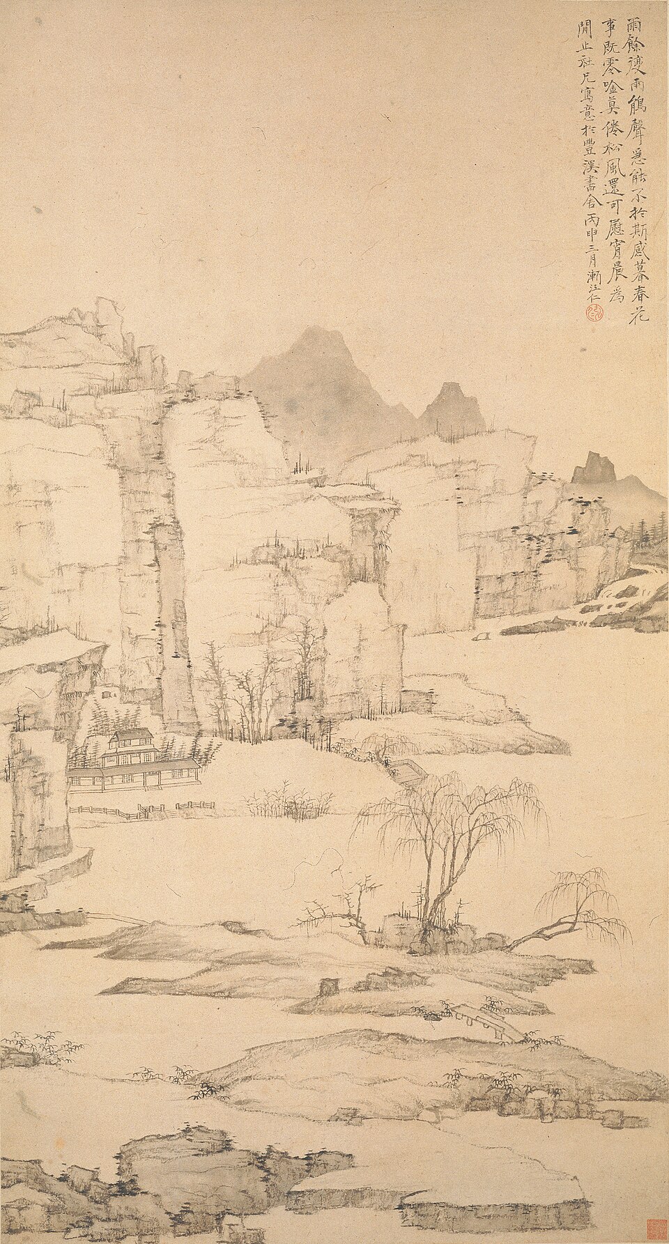 清  弘仁  雨余柳色图轴