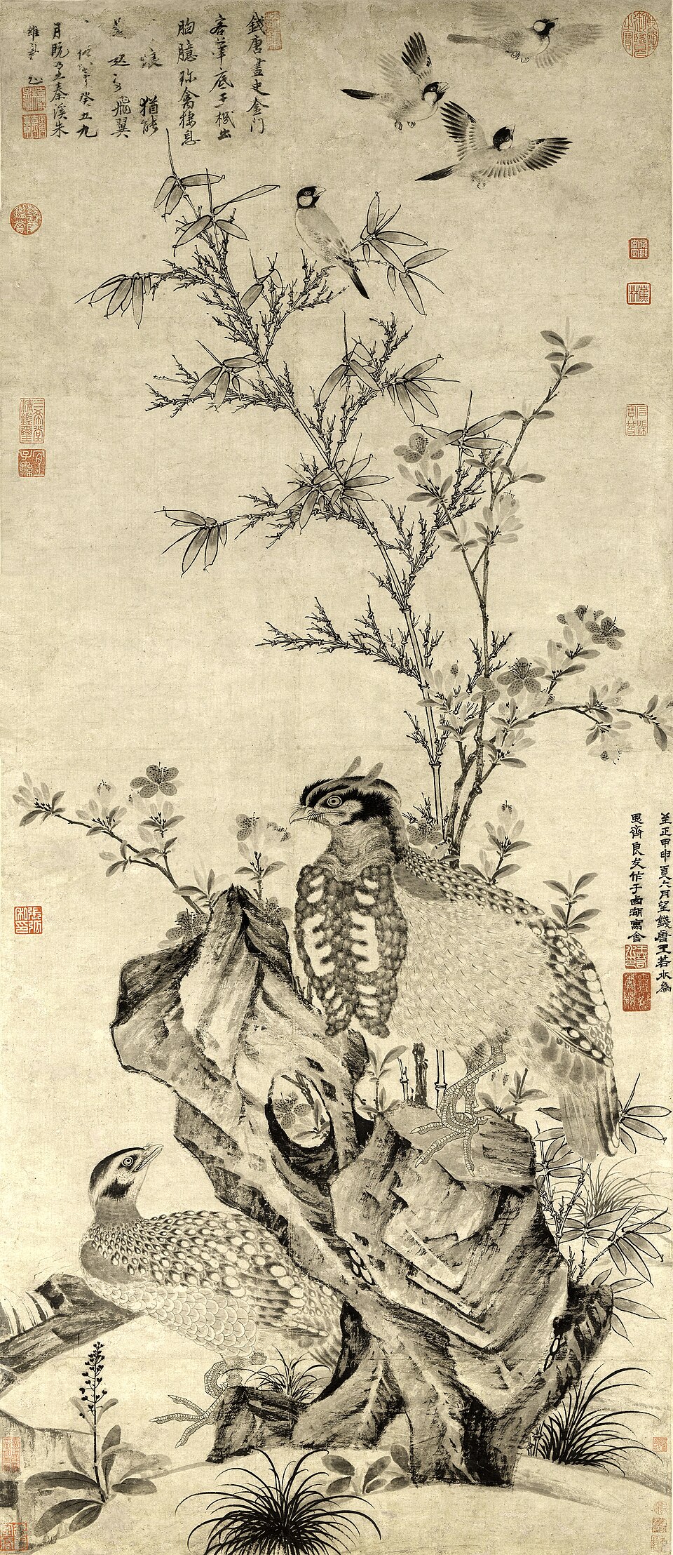 元  王渊  竹石集禽图轴