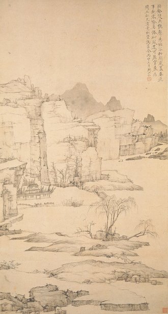 清  弘仁  雨余柳色图轴