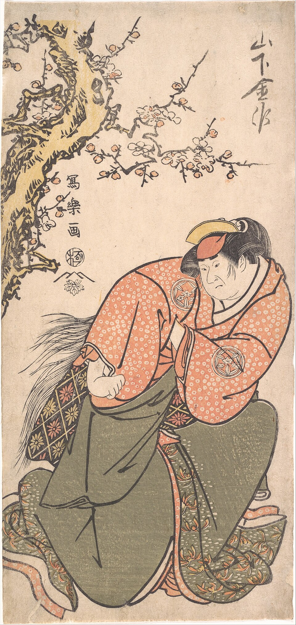 二代目山下金作の仲居ゑび蔵おかね実は安倍貞任女房岩手（背景に梅）