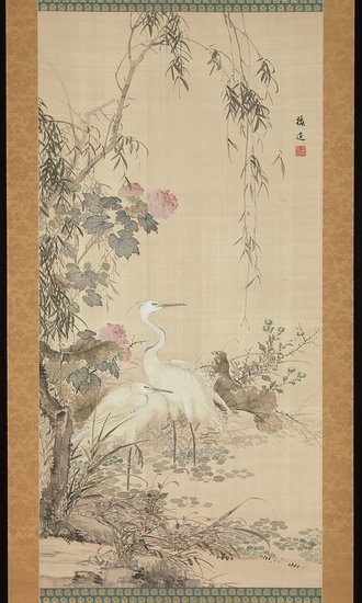 Egrets, Peonies, and Willows