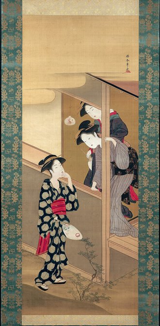 Three Beauties Chatting by a Veranda