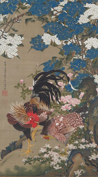 紫陽花双鶏図（動植綵絵）