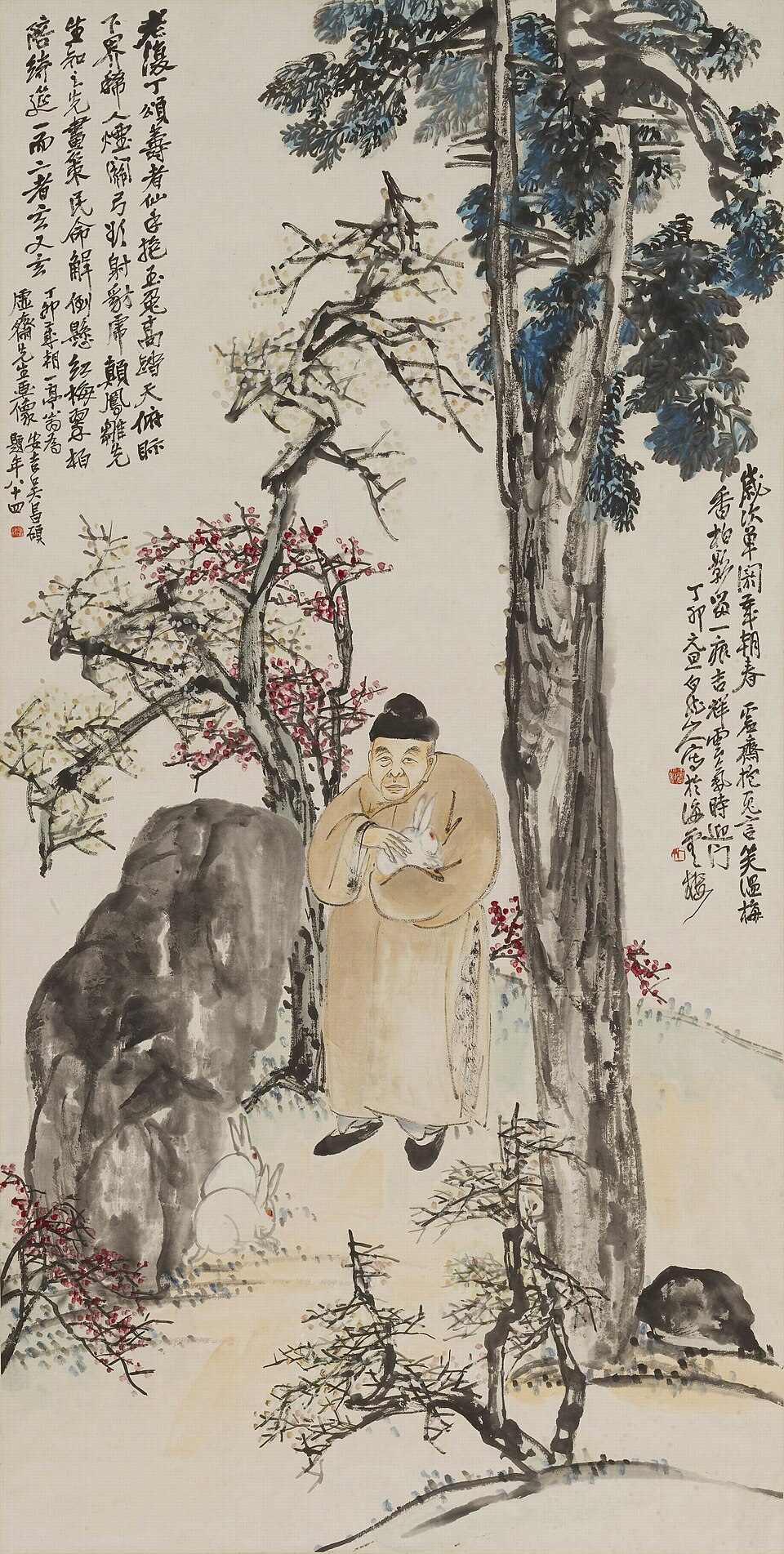 现代王震庞虚斋抱兔图轴