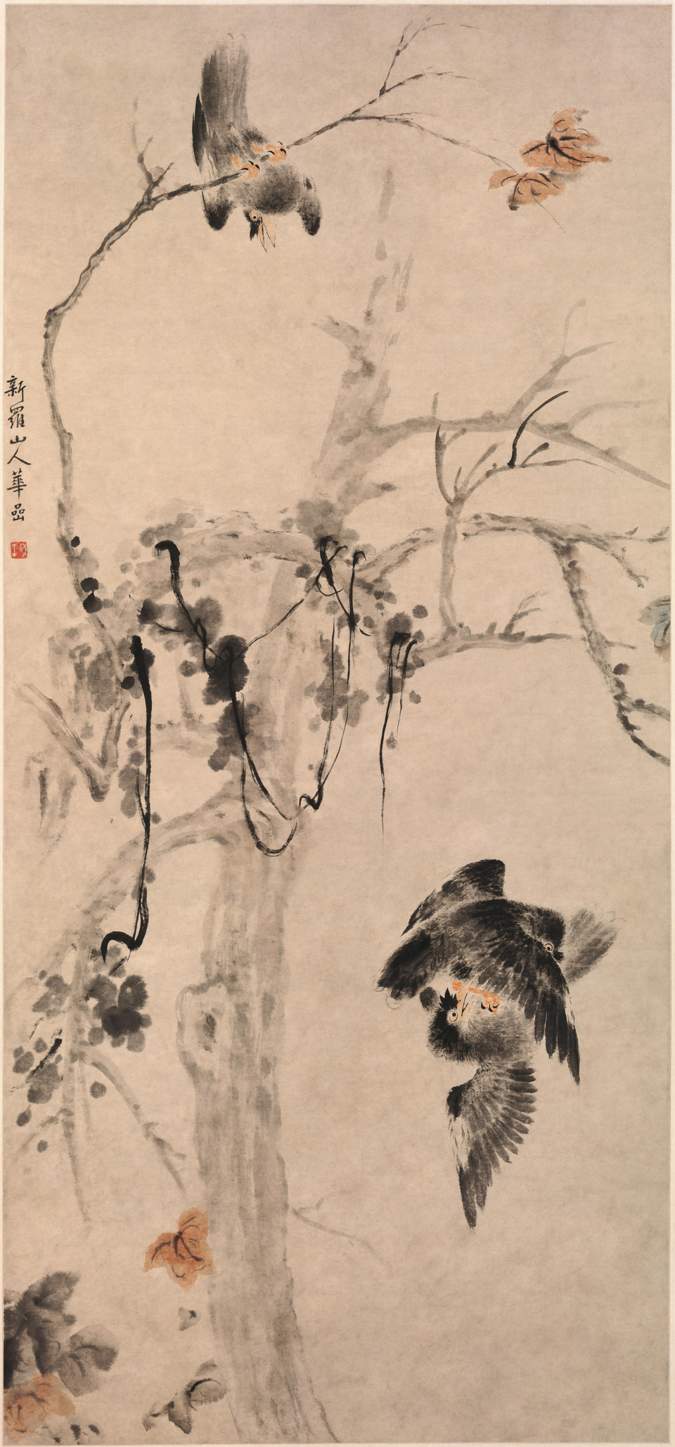 华喦秋树斗禽图轴
