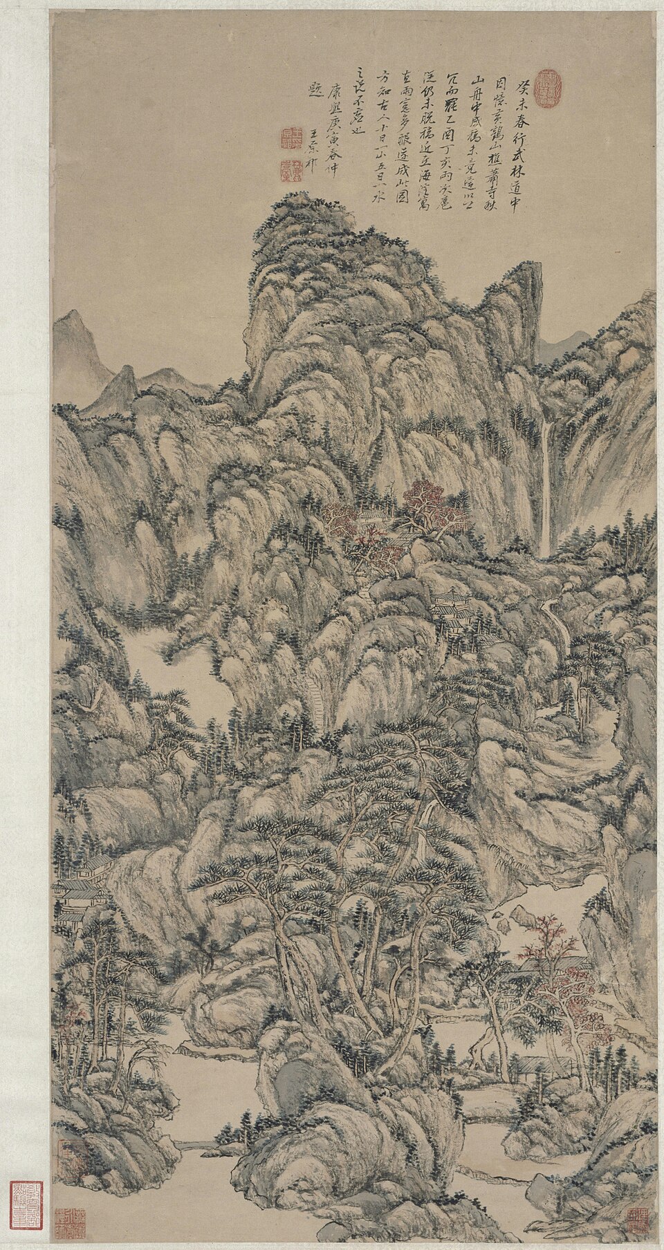 王原祁仿王蒙秋山萧寺图轴