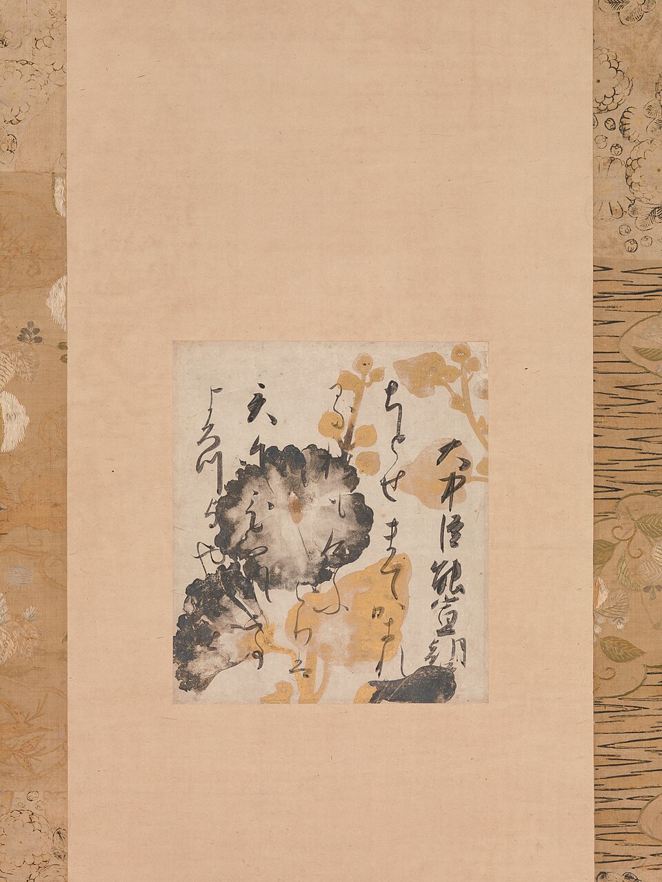 Poem by Onakatomi Yoshinobu with Underpainting of Hollyhocks