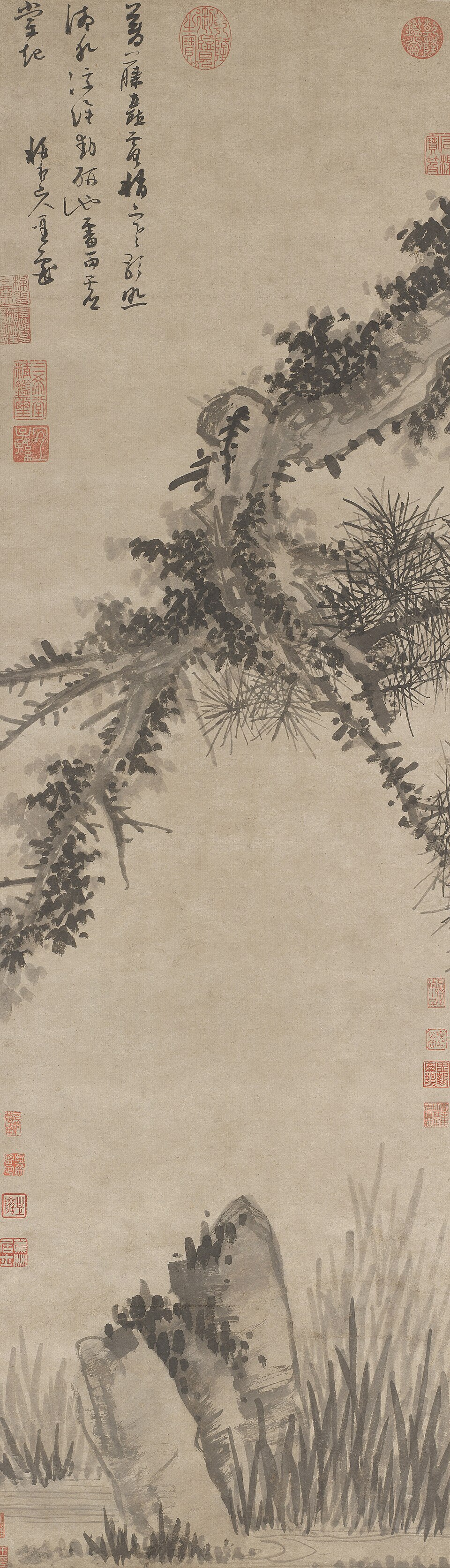 元  吴镇  松石图轴