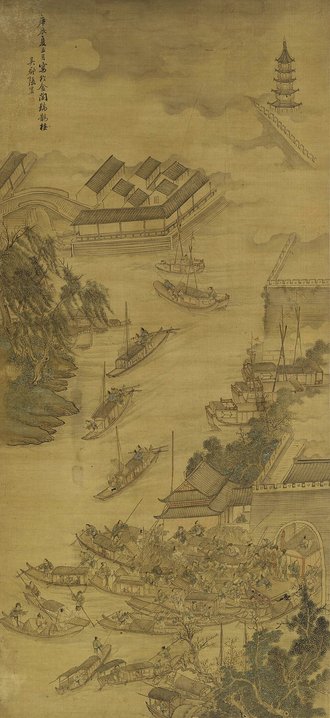 明 张宏 舟泊吴门图轴