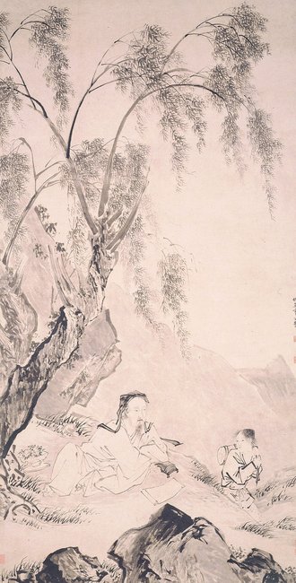 明  仇英  柳下眠琴图轴