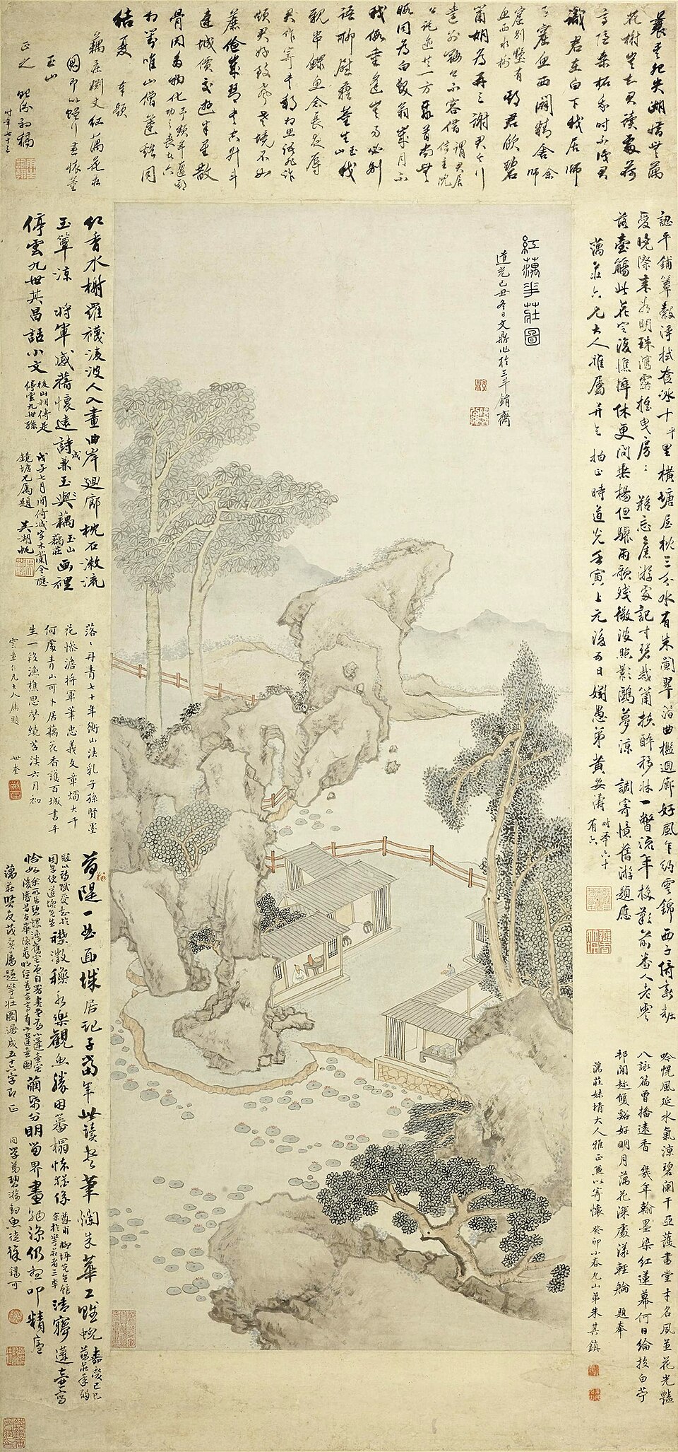 清 文鼎红藕花庄图轴