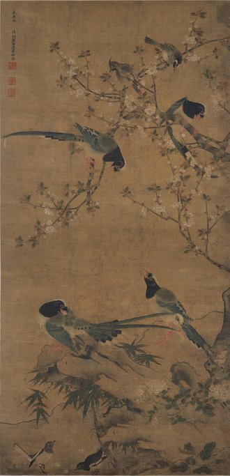 明  边景昭  花竹聚禽图轴