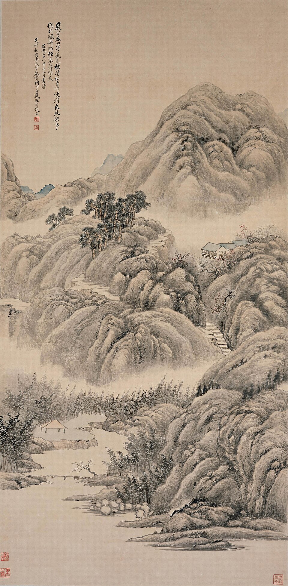 清 戴熙 岩谷春回图轴